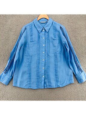 Soft Surroundings Top Women Small Petite Bettina Blue Linen Button Pleat Lattice